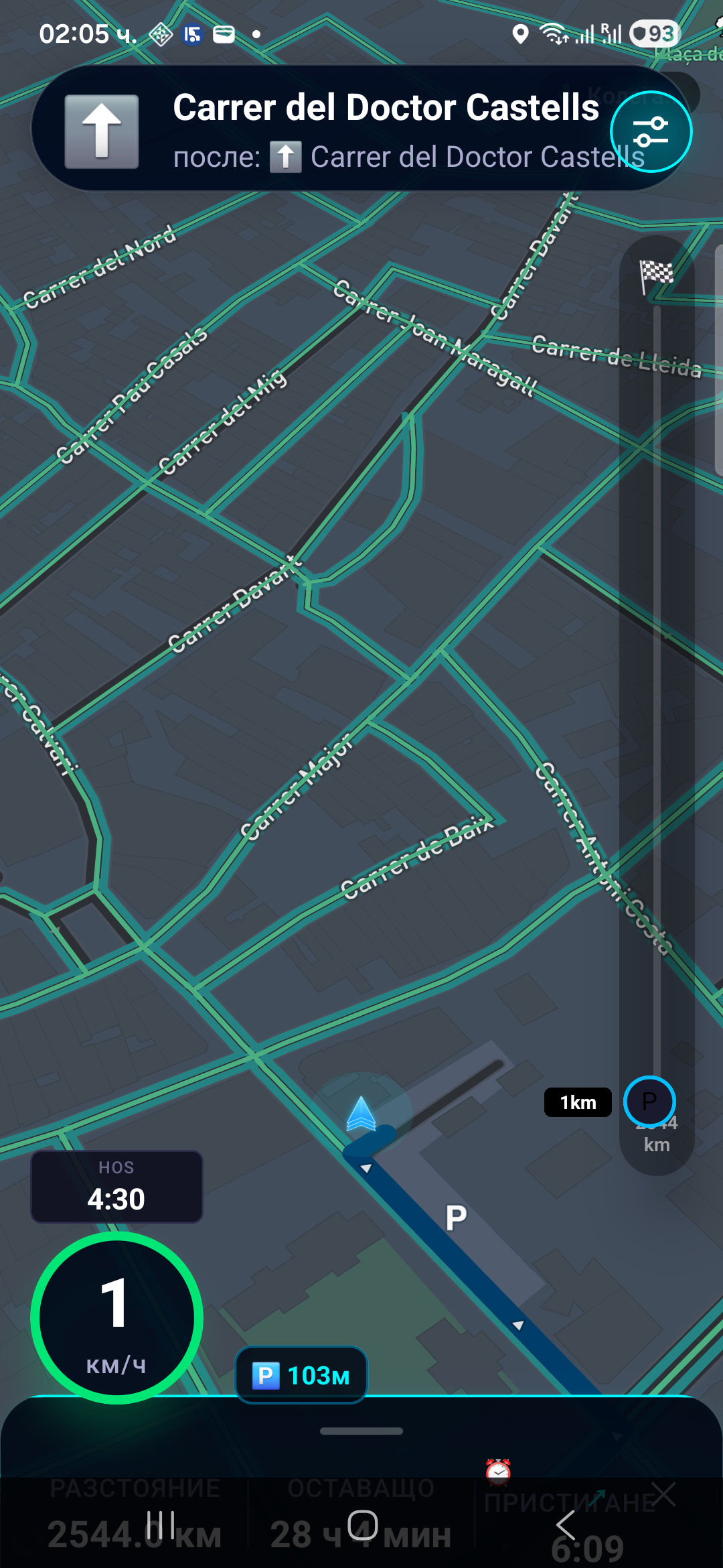 Truck parking and fuel markers on navigation map
